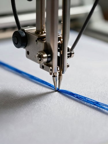 Extreme close-up of a single-head computerized embroidery needle bar in action, bright industrial daylight highlighting steel components, crisp royal blue thread feeding into heavy canvas fabric.