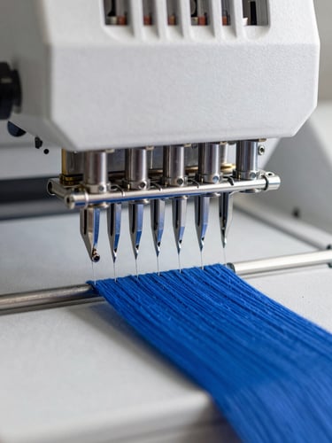 Extreme close-up of a high-speed multi-head embroidery machine needle assembly, chrome tensioners and needles threading royal blue yarn, bright neutral studio lighting, high clarity on metallic textures.