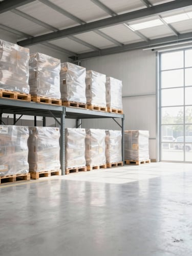 Bright high-key commercial photography of a modern clean warehouse interior with organized pallets and natural daylight, 35mm lens