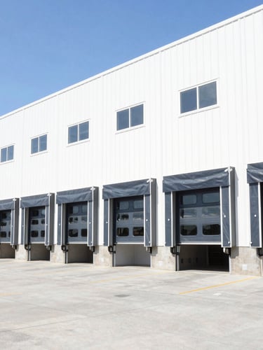 Bright high-key commercial photography, exterior of a modern logistics facility in Saint Cloud Florida, clean warehouse loading docks, natural daylight, crisp details, 35mm lens