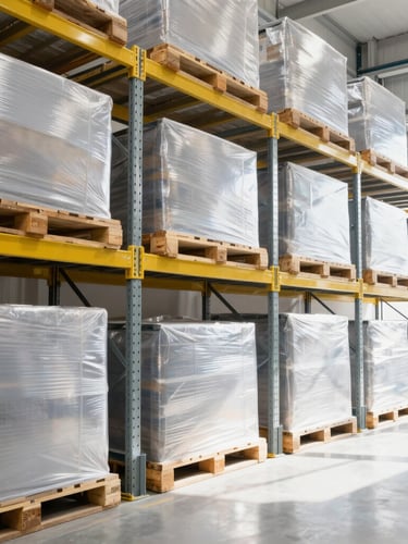 Bright clean warehouse interior, organized metal shelves with neatly packaged pallets, high-key lighting, professional logistics environment, 35mm lens