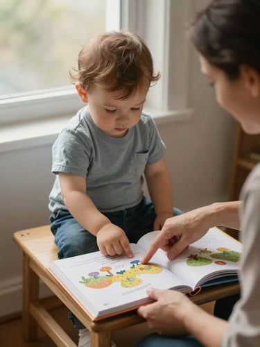 Overhead shot looking down at a toddler seated on a low wooden stool, an educator's arm reaching in from the right side of frame to point at something in a picture book open on a small table, warm diffused daylight from a nearby window illuminating the child's face and the open pages, soft natural shadows, no faces fully visible — just the quality of shared attention