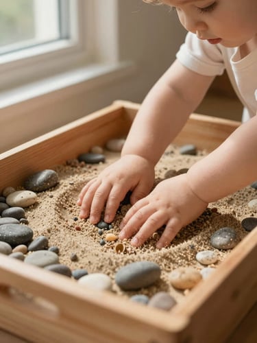 Ground-level wide shot of a toddler's small hands pressing into a shallow wooden tray filled with damp sand and smooth river pebbles, fingers mid-exploration, natural north-facing window light casting soft shadows across the tray surface, warm cream wall visible in the background, child's face softly out of focus above frame