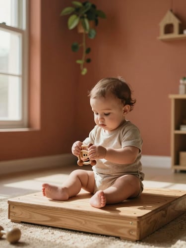 Ground-level angle inside a North Delta childcare room — an infant sitting upright on a low wooden platform exploring a wooden rattle with both hands, warm terracotta wall behind them, a trailing plant visible in the upper corner, north-facing window light casting soft shadows, no adults in frame, lived-in natural textures