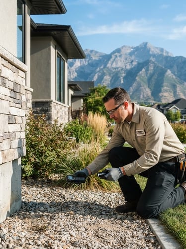 Professional pest control technician in a clean uniform inspecting the foundation of a modern Salt Lake City home, Wasatch mountains in the background, crisp bright morning daylight, sharp focus.