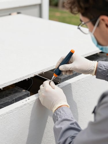 Close-up of a professional technician in clean uniform applying a precision barrier treatment to a home's foundation, crisp bright daylight, sharp focus.