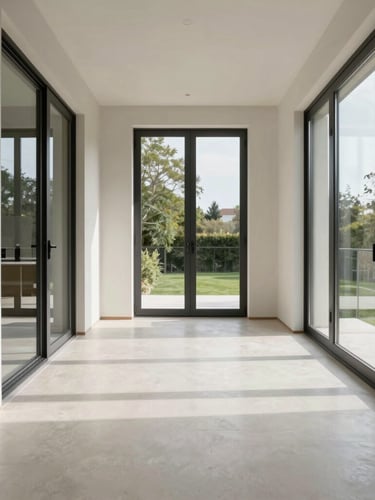 Frontal architectural view of a luxury residential interior, perfect joints between microcement floor and steel frames, clean geometric lines, bright natural light.