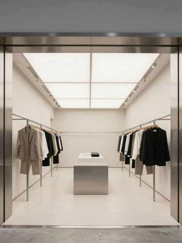 Frontal architectural perspective of a modern, clean retail showroom interior, minimalist steel fixtures, geometric symmetry, bright diffuse natural lighting.
