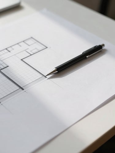 High-angle shot of a minimalist architectural blueprint on a white desk, a steel mechanical pencil aligned perfectly with a grid line, soft natural side light, clean composition.