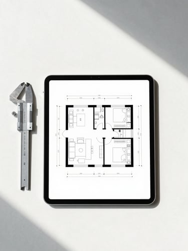 Frontal perspective of a clean, minimalist architectural floor plan on a tablet, next to a steel caliper on a white desktop under bright natural light.