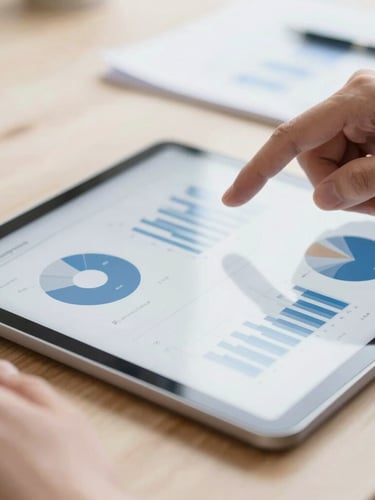 Macro close-up of professional hands reviewing structured financial charts and documents on a modern tablet, soft natural daylight, clean wooden workspace, shallow depth of field, minimalist and precise composition.