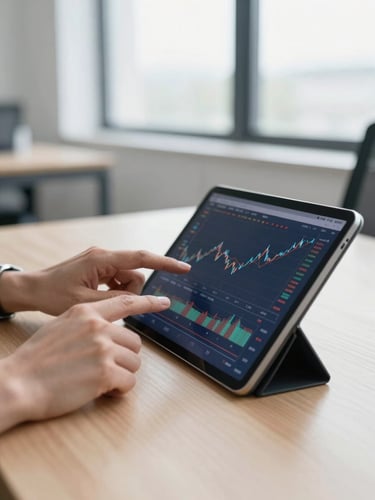 Close-up of hands analyzing financial charts on a tablet over a clean wooden desk, soft overcast daylight through a window, modern office setting, shallow depth of field, 35mm editorial photography.