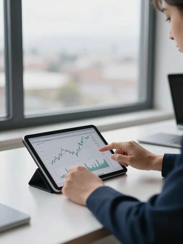 Modern clean workspace in southern Chile, soft overcast daylight through a window, hands analyzing financial charts on a tablet, professional and precise atmosphere, 35mm