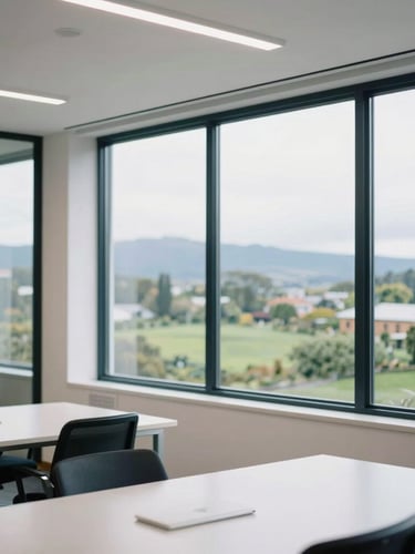 Wide environmental shot of a modern, bright office space in Entre Lagos, Puyehue, with large windows showing soft overcast daylight and lush green southern Chile landscape in the background, professional atmosphere, 35mm photography.