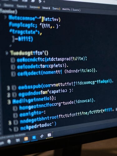 Macro close-up of a high-end monitor displaying clean, structured TypeScript code with electric blue syntax highlighting, dark IDE interface, shallow depth of field.
