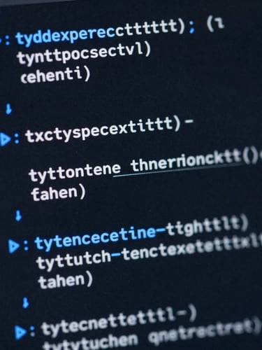 Extreme close-up of clean, syntax-highlighted TypeScript code on a high-end dark screen, sharp electric blue accents, cinematic depth of field