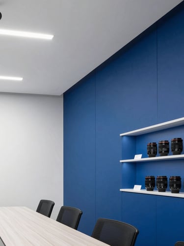 Crisp architectural photography of a modern boardroom with integrated ceiling microphones, cool clean lighting, and a neat rack setup on the side, 35mm lens.