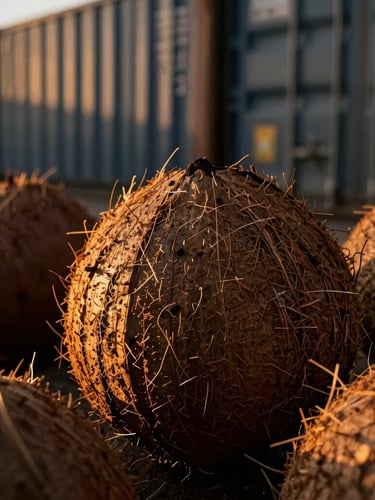Macro texture of raw coconut husks with golden hour sunlight, industrial port container backdrop, high-contrast cinematic 35mm photography