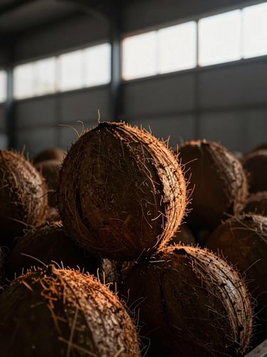 Macro texture of raw coconut husks stacked inside a modern clean warehouse, dramatic side lighting from a high window