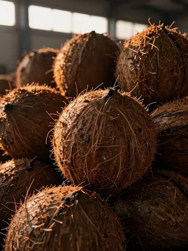 Macro close-up of raw coconut husks stacked neatly in an industrial processing facility, sharp textures, warm golden light filtering through high warehouse windows