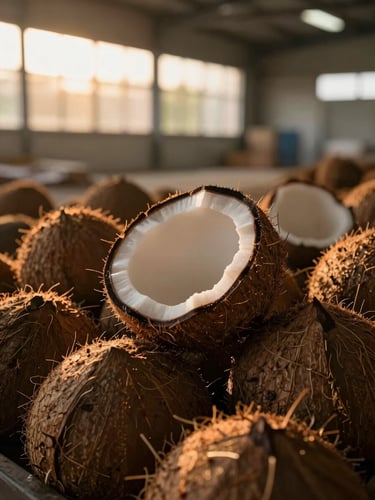Macro close-up of raw organic coconut husks stacked in a clean, modern agricultural storage facility, soft golden hour light filtering through windows