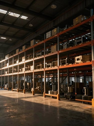 Wide-angle interior of a massive, clean modern warehouse with high-tech steel racking, warm ambient lighting casting long shadows, industrial scale.