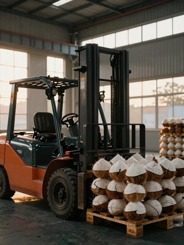 Cinematic industrial shot of a modern clean warehouse interior, golden hour light streaming through high windows, heavy forklift moving pallets of coconut products, high contrast 35mm lens