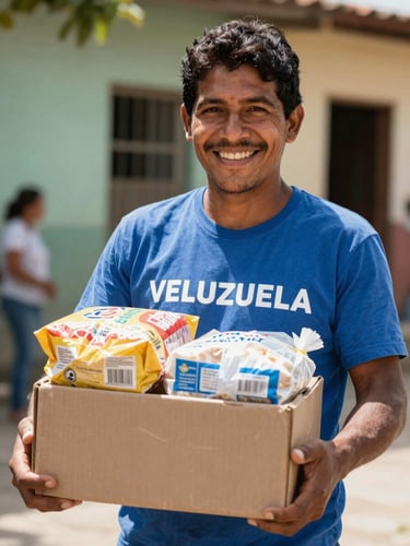 Warm editorial portrait of a local Venezuelan humanitarian volunteer smiling in bright natural sunlight, holding a box of food supplies, authentic connection, rich natural colors, 35mm