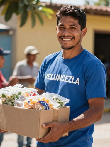 A local Venezuelan volunteer smiling warmly while carrying a box of fresh food, bright natural sunlight, authentic human connection, 35mm