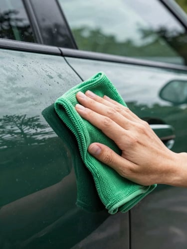 Close-up portrait of a hand using a high-density green microfiber cloth to gently wipe a dusty dark green car panel, revealing a high-contrast mirror finish reflection of trees under overcast daylight.