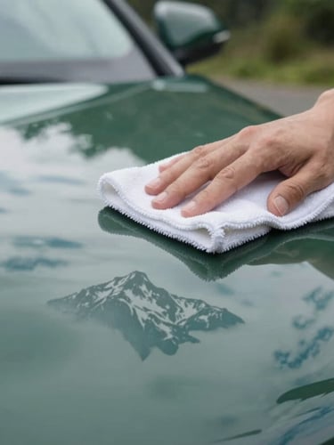 Extreme macro shot of a microfiber cloth gently wiping a dark green car hood, revealing a perfect high-contrast mirror reflection of the Andes mountains under overcast daylight, clean and sharp.