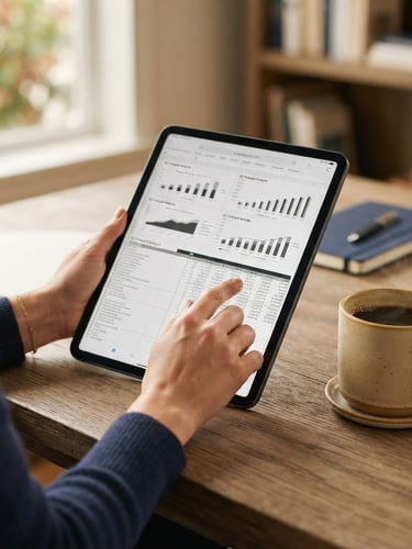 Hands of a professional analyzing clean financial spreadsheets on a tablet next to a warm cup of coffee, soft natural window light, muted navy and sand tones, shallow depth of field, 35mm