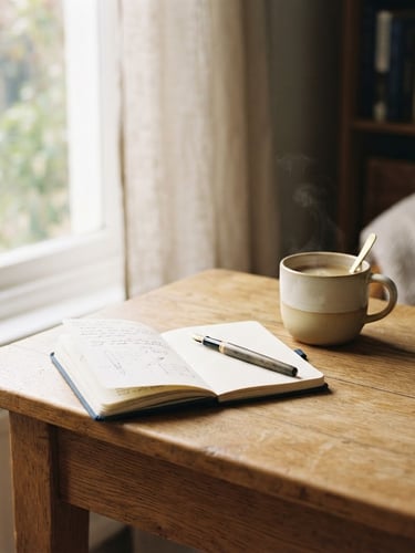 Portrait framing of a clean, warm-toned wooden desk with a neat notebook and a ceramic coffee cup, soft sunlight filtering through a window, shallow depth of field, warm editorial style.