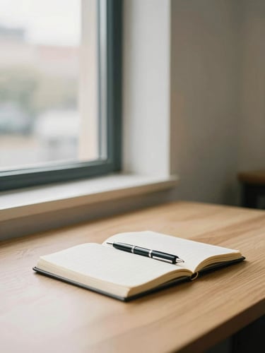 Sober and bright office interior with natural light coming through a window, a wooden table with a notebook and a pen, warm editorial photography, 35mm