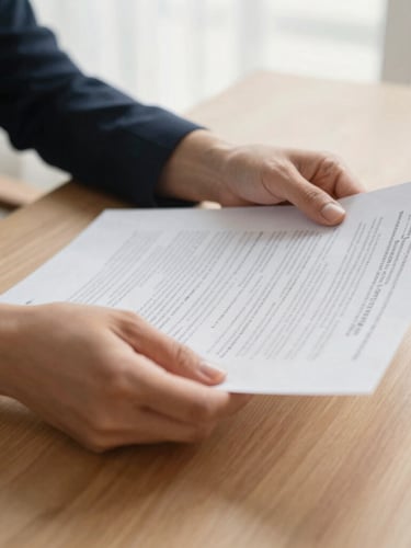 Close-up of hands organizing physical financial documents on a warm sand-colored wooden table, soft afternoon light, elegant and sober atmosphere.
