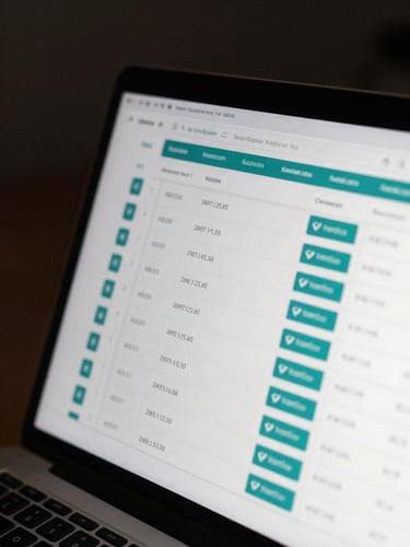 Close-up of a laptop screen displaying a clean investment dashboard with transaction history rows and verified status badges, even studio lighting, dark background, teal accent indicators visible on screen