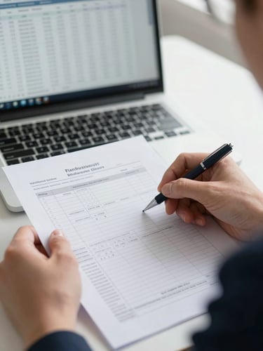Close-up of a compliance officer's hands reviewing printed transaction records on a desk, a laptop screen displaying a flagged withdrawal queue visible in background, bright even office lighting, shallow depth of field on the documents