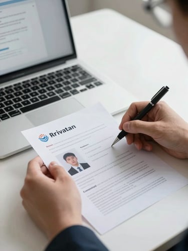 Medium shot of hands reviewing an identity verification document on a clean white desk under bright even office lighting, a laptop with a KYC interface partially visible in the background, detail-focused and procedural