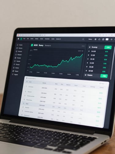 Close-up of a clean portfolio dashboard on a laptop screen, showing account balance, performance chart, and transaction history in a dark-themed UI, even studio lighting, sharp detail, no reflections
