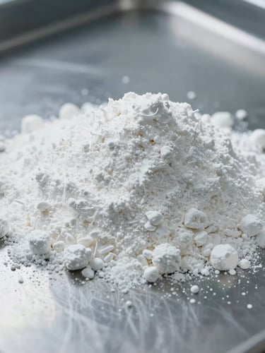 Macro shot of ultra-fine white guar gum powder texture on a sterile stainless steel surface, cool daylight-balanced laboratory lighting, clean-room setting.