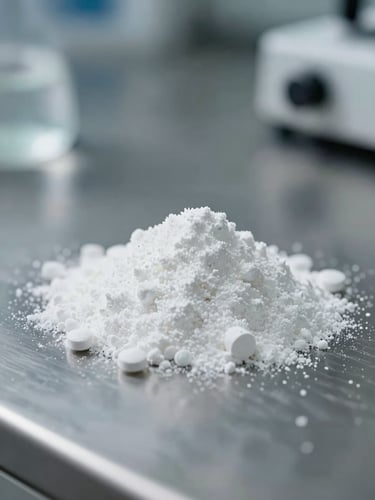 Macro close-up of pure white pharmaceutical-grade polymer powder on a sterile stainless steel surface, cool laboratory lighting, shallow depth of field, high-precision scientific environment.