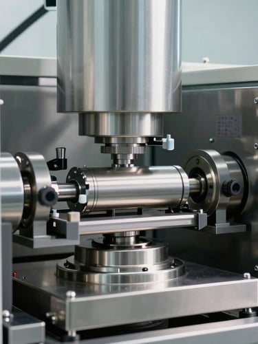 Close-up of a modern pharmaceutical tablet pressing machine in a sterile cleanroom, bright white daylight-balanced lighting, stainless steel equipment, high-scale medical manufacturing.