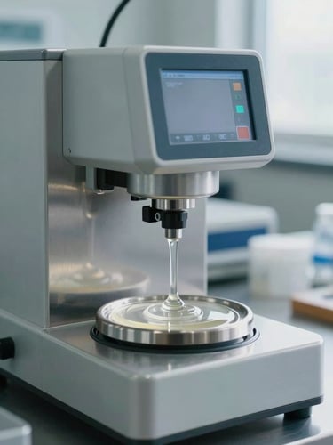 Industrial laboratory setting, cool bright daylight, a modern digital viscometer testing a clear polymer gel, technical precision, clean stainless steel surfaces, macro focus on the equipment.