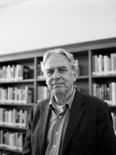 Desaturated cool-toned portrait of a scholar in a sunlit library, architectural details of bookshelves in the background, overcast natural daylight, sharp focus, 35mm