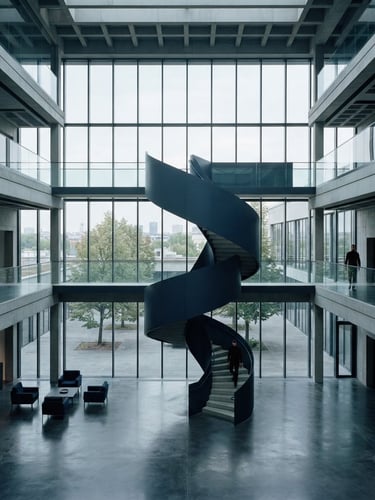Minimalist architectural photography of a modern concrete and glass corporate atrium, cool diffused daylight, muted slate and navy tones, high-end editorial feel.