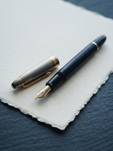 Macro close-up of heavy cotton paper with a fountain pen resting on a slate desk, cool diffused daylight, soft natural shadows, high-end editorial feel
