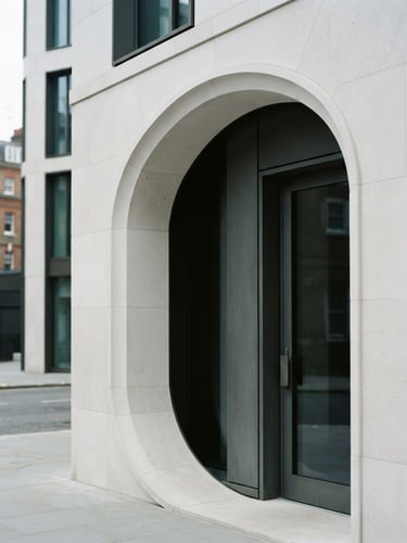 Minimalist architectural detail of a limestone corporate archway in London, cool diffused morning light, soft shadows, editorial 35mm feel