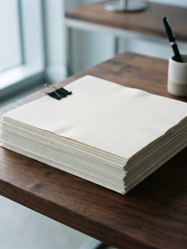 Minimalist close-up of heavy cotton paper M&A documents resting on a dark walnut desk, cool diffused daylight casting soft shadows, architectural lines, editorial feel.