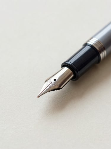Macro close-up of a fountain pen resting on heavy textured cream paper, soft side lighting, muted slate tones, quiet luxury