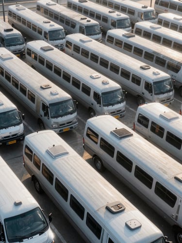 Wide-angle environmental shot of structured rows of passenger cars parked in a secure transit yard, crisp morning light.